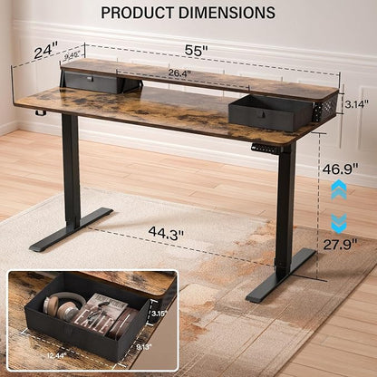 Electric Standing Desk with Two Drawers,55 x 24 Inch Sit Stand Desk Adjustable Height, Stand Up Desk with Storage Shelf, Computer Workstation for Home Office, Rustic Brown