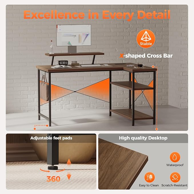 Mericonia Small L Shaped Computer Desk with Power Outlets, Reversible Gaming Desk with Storage Shelves & Monitor Stand, Corner Gamer Desk Table, Study Writing Table