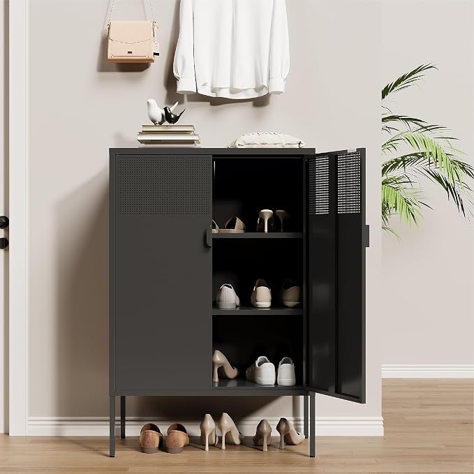 Black Metal Storage Cabinet,2 Door TV Stand, Metal Mesh Accent Cabinet,Magnetic Door Closure,Low Storage Cabinets with Doors and Shelf for Home,Office,Living Room