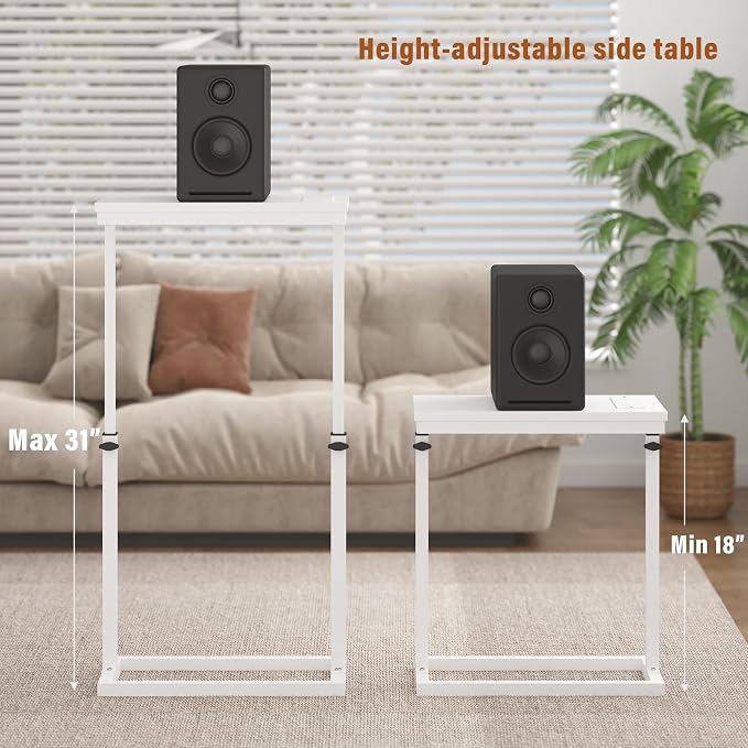 TUTOTAK End Table with Charging Station, Side Table, Tall Couch Table, Sofa Table, Living Room, Bedroom,White TB01BW084