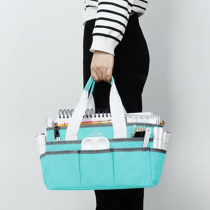 JJRING Craft Organizer Tote Bag, Art Storage Caddy with Multiple Pockets, Sky Blue Sewing Bag for Art, Craft, Scrapbooking, School, Medical, and Office Supplies Storage