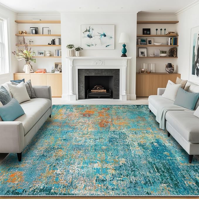RELEANY Washable Area Rugs 8'x10' Non-Slip Modern Abstract Soft for Living Room Entryway Bedroom Kitchen, Print Pattern, Teal Blue Green Orange Rust Red Coloreful