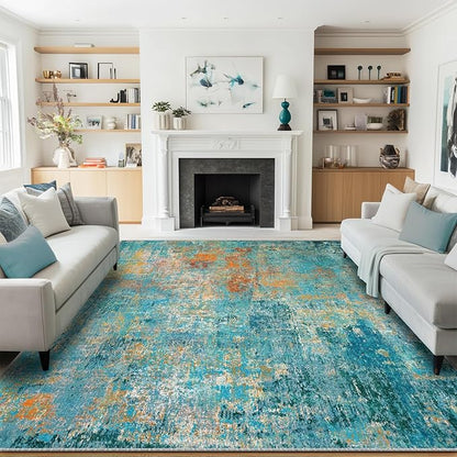 RELEANY Washable Area Rugs 9'x12' Non-Slip Modern Abstract Soft for Living Room Entryway Bedroom Kitchen, Print Pattern, Teal Blue Green Orange Rust Red Coloreful