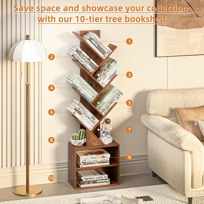 SHEEPAM 10 Tier Tree Bookshelf,Floor Standing Wood Tall Bookcase for Narrow Space, Storage Organizer Bookshelves for Books, Book Case for CDs/Movies/Books,Home Office,Living Room, Bedroom