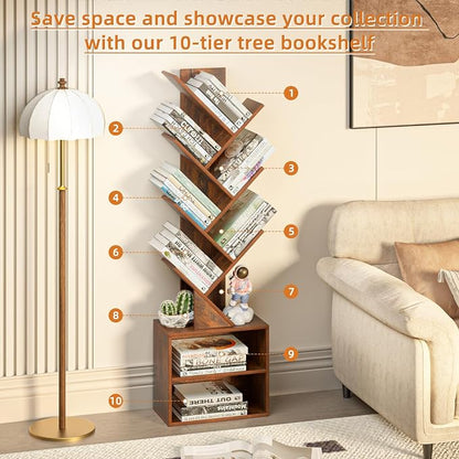 SHEEPAM 10 Tier Tree Bookshelf,Floor Standing Wood Tall Bookcase for Narrow Space, Storage Organizer Bookshelves for Books, Book Case for CDs/Movies/Books,Home Office,Living Room, Bedroom