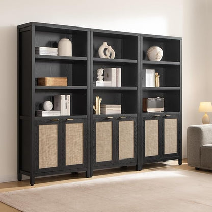 SICOTAS Bookcase 71" Tall Bookshelf 5 Tier Rattan Boho Bookcase with Doors Storage Large Book Case Shelf Farmhouse Bookshelves Library Book Shelves for Living Room Bedroom Home Office Kitchen