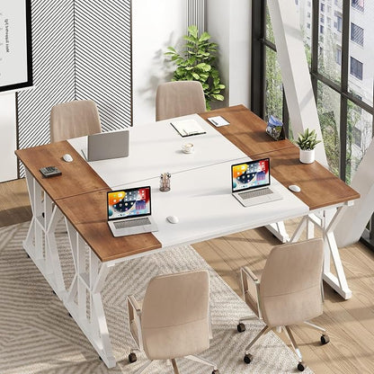 TVU Computer Desk, 55 inch Large Office Desk, Study Writing Table with Thicken Frame, Gaming Desk, Modern Simple Desk for Home Office, Brown/White