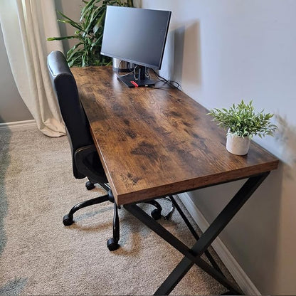 IBF 55 inch Computer Desk, Farmhouse Home Office Desk, Industrial Wood Metal Legs Work Desk for Writing Study, Vintage Minimalist Laptop Executive Workstation PC Gaming Table in Bedroom, Rustic Brown