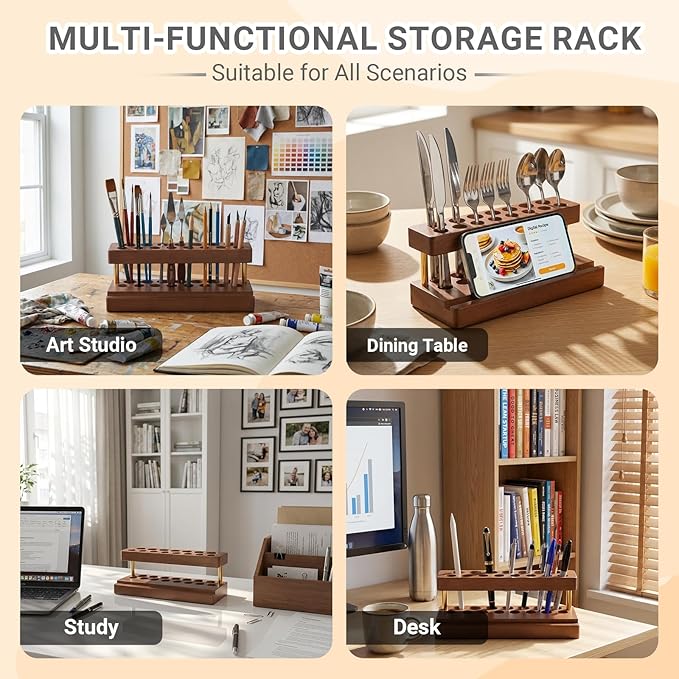 Pencil & Pen organizer for Desk,Wooden pen holder with Phone Stand for Office & Home,Solid Walnut Pencil Display Stand (Double-row - Walnut)