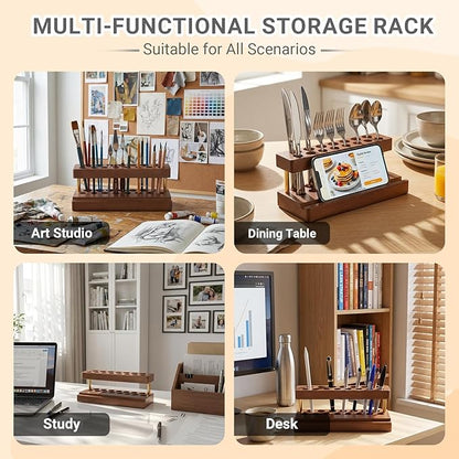 Pencil & Pen organizer for Desk,Wooden pen holder with Phone Stand for Office & Home,Solid Walnut Pencil Display Stand (Double-row - Walnut)