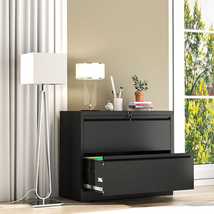 AQY 2 Drawer File Cabinet with Lock,Metal Lateral File Cabinets for Home Office,Steel Wide Filing Organization Storage Cabinets for Hanging Files Letter/Legal/F4/A4 Size Assembly Required(Black)
