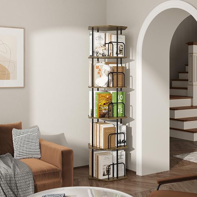 SUNMORY 5 Tier Rotating Bookshelf Tower, Revolving 360 ° Spinning Bookcase, Hexagonal Corner Book Shelf Storage Carousel, Vertical Rotate Turning Organizer Book Shelves for Living Room Office Bedroom