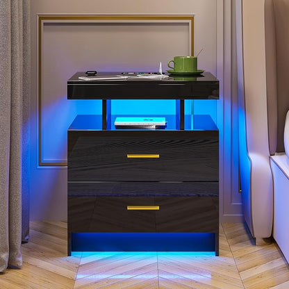HNEBC Auto LED Nightstand with Wireless Charging Station & USB Ports,High Gloss Bedside Tables with 2 Drawers,Floating Nightstand with 3 Color & Adjustable Brightness for Bedroom,Black