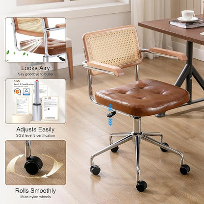 Zesthouse Leather Office Desk Chair with Wheels, Mid Century Rolling Desk Chair with Wood Arm & Natural Rattan Back, Modern Swivel Home Office Chair, Small Height Adjustable Computer Task Chair, Brown