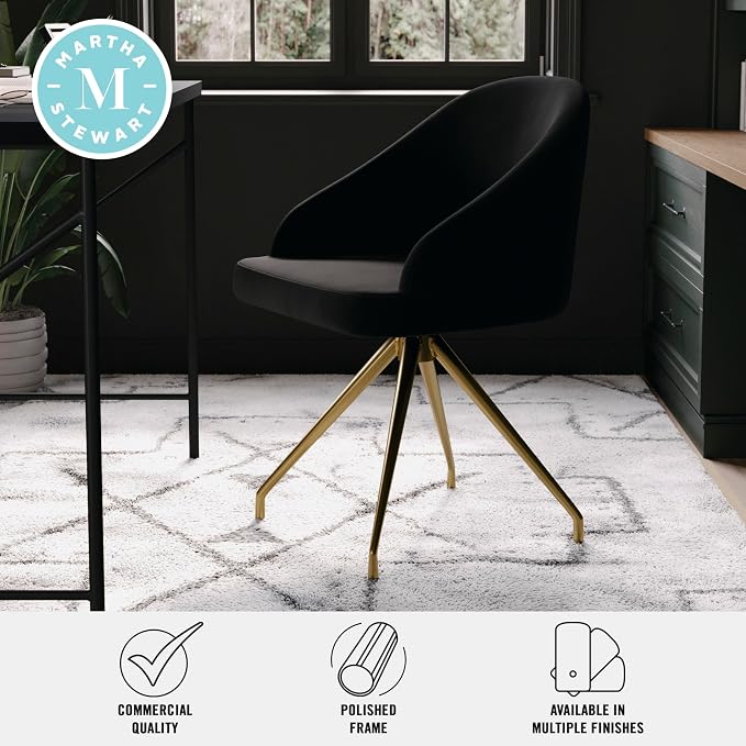 Martha Stewart Sora Stationary Swivel Task Chair with Sloped Arms for Home Office in Black Velvet with Polished Brass Frame