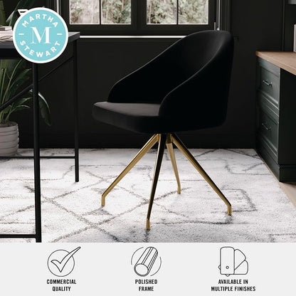 Martha Stewart Sora Stationary Swivel Task Chair with Sloped Arms for Home Office in Black Velvet with Polished Brass Frame