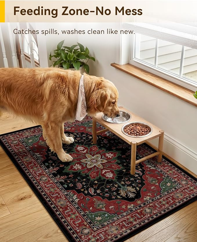 RELEANY Area Rugs Small 2'x3' Washable Non-Slip, Floral Vintage Distress Medallion Carpet for Kitchen Entryway Bathroom, Red Black