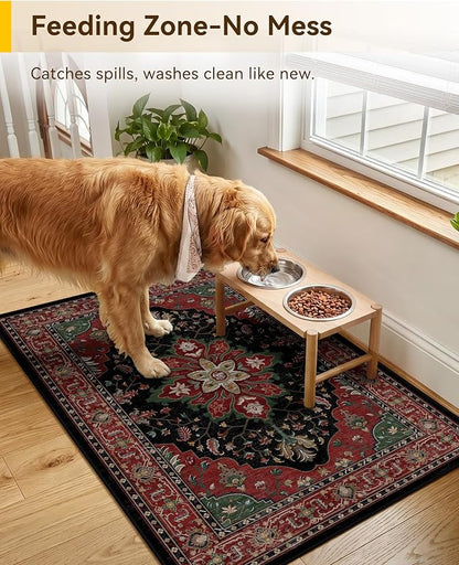 RELEANY Area Rugs Small 2'x3' Washable Non-Slip, Floral Vintage Distress Medallion Carpet for Kitchen Entryway Bathroom, Red Black