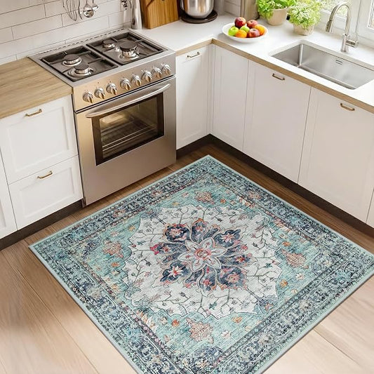 RELEANY Area Rugs Square 4ft Washable Non-Slip, Floral Vintage Distress Medallion Carpet for Living Room Bedroom Dining Room, Green Navy Blue White Red Teal