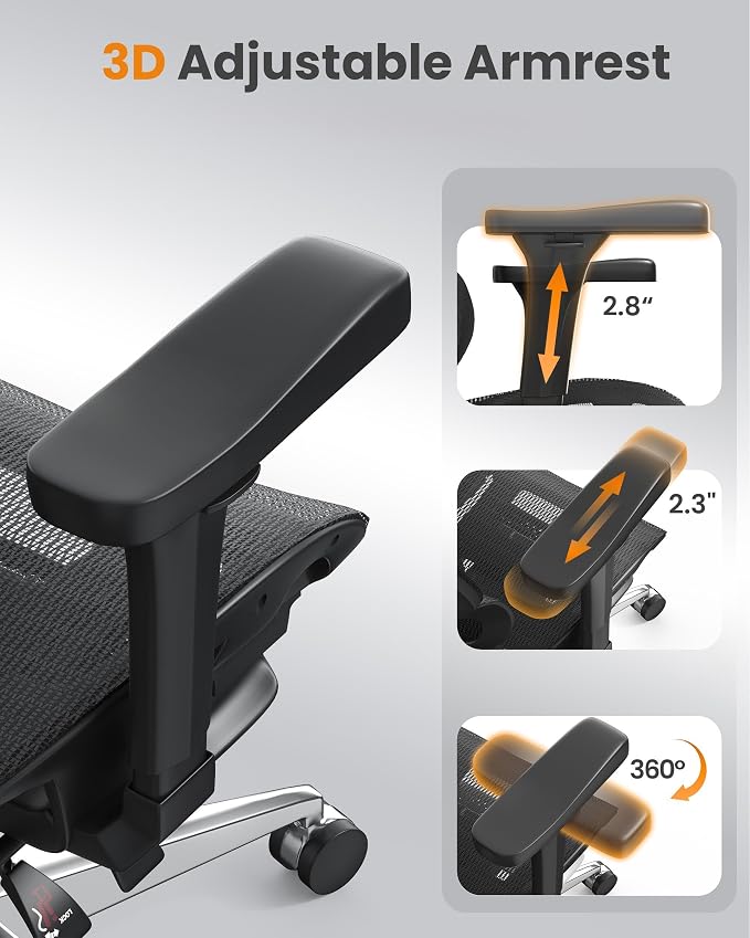 naspaluro Ergonomic Office Chair, High Back Desk Chair with Adaptive Lumbar Support & 3D Wide Headrest, 3D Armrests, Footrest, Swivel Computer Chair for Home Office, Work & Gaming