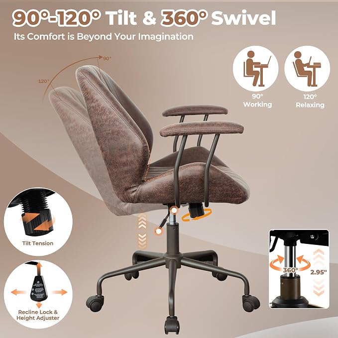 ovios Ergonomic Office Chair, Mid Back Faux Leather Executive Chairs with Armrests, Comfy Mid-Century Modern Swivel Rolling Computer Armchair (Dark Brown, Suede Leather)