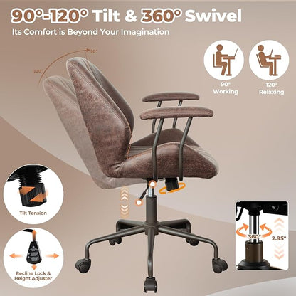 ovios Ergonomic Office Chair, Mid Back Faux Leather Executive Chairs with Armrests, Comfy Mid-Century Modern Swivel Rolling Computer Armchair (Dark Brown, Suede Leather)
