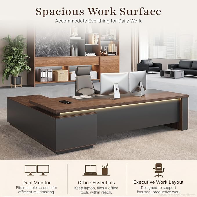 63" Reversible L-Shaped Executive Desk with Locking Drawers, Compact Office Desk for Home & Manager Office, Power Outlet, USB Ports, Storage Shelves, Privacy Panel & LED Light, Walnut Gray