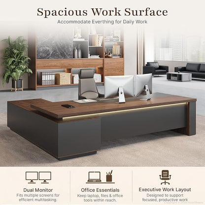 79" Reversible L-Shaped Executive Desk with Locking Drawers, Large Office Desk for Manager Office, Power Outlet, USB Ports, Storage Shelves, Privacy Panel and LED Light, Walnut Gray