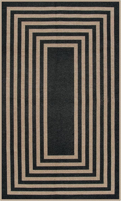Lahome Enfys Modern Geometric Easy Jute Outdoor Rug, 3x5 Black Indoor Outdoor Carpet for Living Room Entryway, Farmhouse Non Slip Non Shedding Washable Area Rug for Patio Courtyard Bedroom