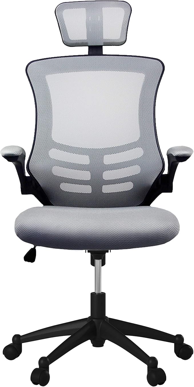 Modern High Back Mesh Executive Chair With Headrest And Flip Up Arms. Color: Silver Grey
