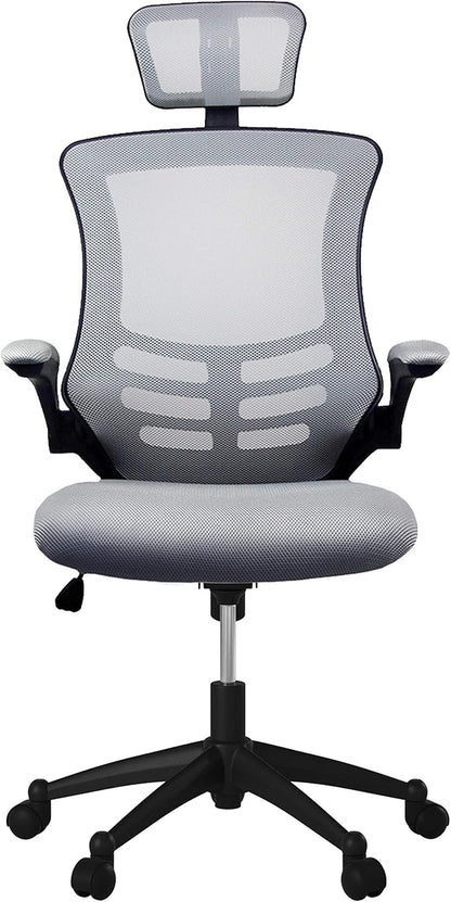 Modern High Back Mesh Executive Chair With Headrest And Flip Up Arms. Color: Silver Grey
