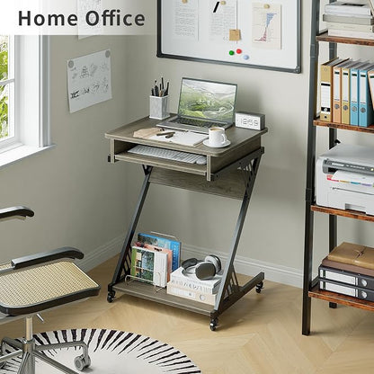 ALISENED 23.6" Z-Shaped Computer Desk for Small Spaces with Keyboard Tray, Wheels and Bottom Shelves, Compact Space-Saving Home Office Workstation, Grey