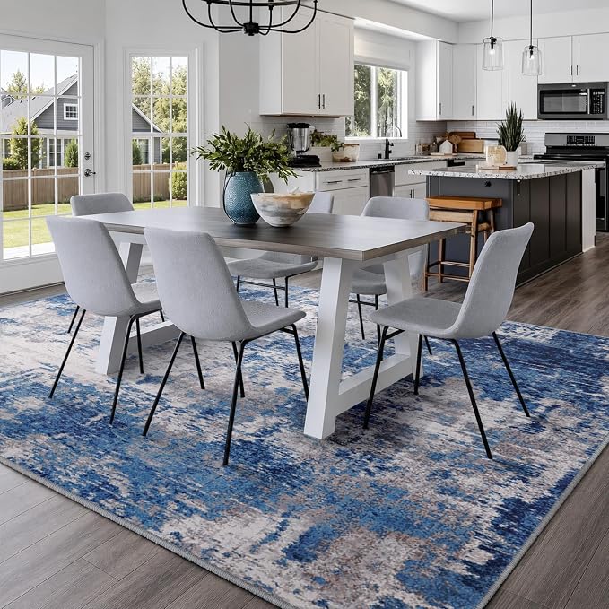 RELEANY Washable Area Rugs 9'x12' Non-Slip Modern Abstract Soft for Living Room Entryway Bedroom Kitchen, Print Pattern, Blue Grey Navy Gray
