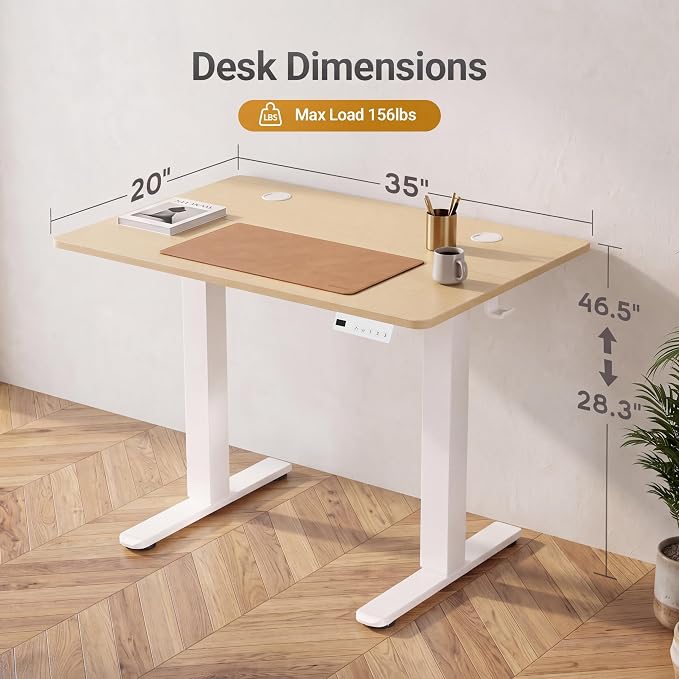 Claiks Electric Standing Desk 35 x 20 Inches, Compact Adjustable Height Motorized Sit Stand Desk with 3 Memory Presets & Cable Management, Space-Saving Computer Workstation for Bedroom, Nature