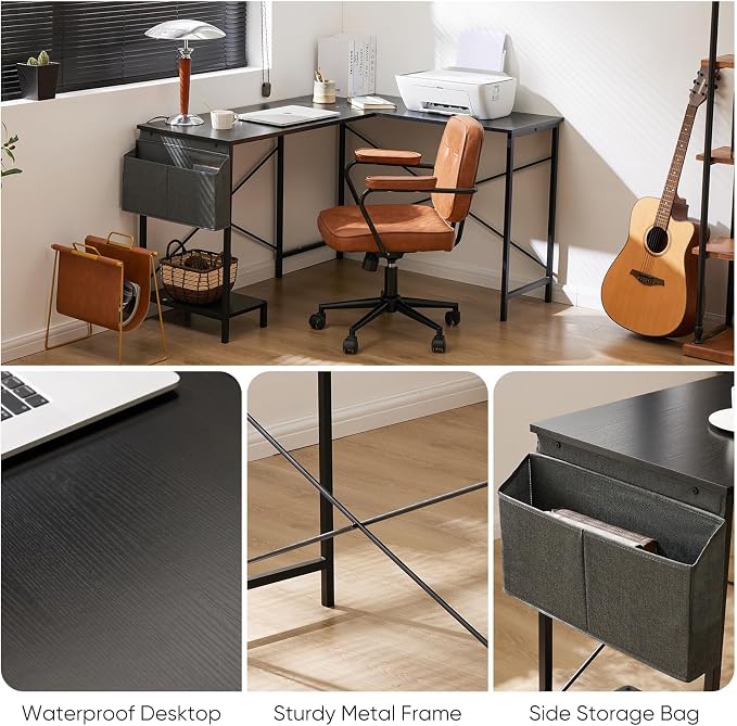 Sweetcrispy L Shaped Desk - Computer Gaming Desk Corner Desk | PC Table Organizer with CPU Stand Side Bag for Home Office Dorm Sturdy, Writing Workstation, Black, 50-Inch