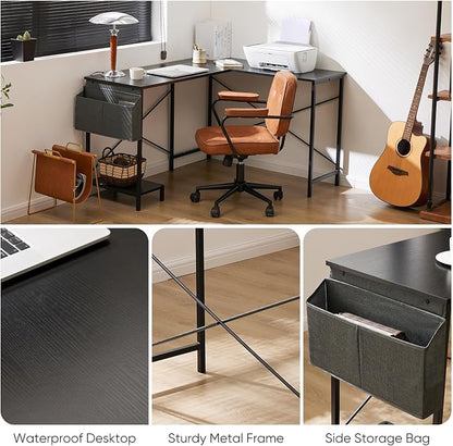 Sweetcrispy L Shaped Desk - Computer Gaming Desk Corner Desk | PC Table Organizer with CPU Stand Side Bag for Home Office Dorm Sturdy, Writing Workstation, Black, 50-Inch