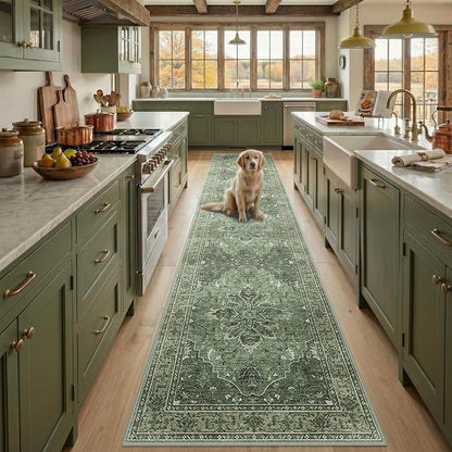 RELEANY Area Rugs Runner 2'x10' Washable Non-Slip, Floral Vintage Distress Medallion Carpet for Kitchen Hallway Bedroom Beside Laundry Room Bathroom, Dark Green Gray