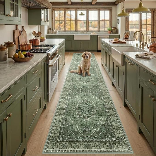 RELEANY Area Rugs Runner 2'x10' Washable Non-Slip, Floral Vintage Distress Medallion Carpet for Kitchen Hallway Bedroom Beside Laundry Room Bathroom, Dark Green Gray