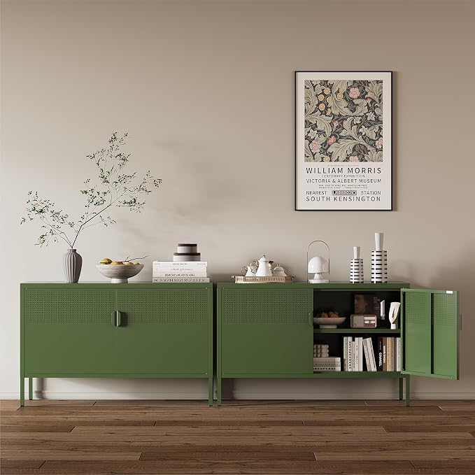 Metal Storage Cabinet,2 Door TV Stand, Metal Mesh Accent Cabinet,Magnetic Door Closure,Low Storage Cabinets with Doors and Shelves