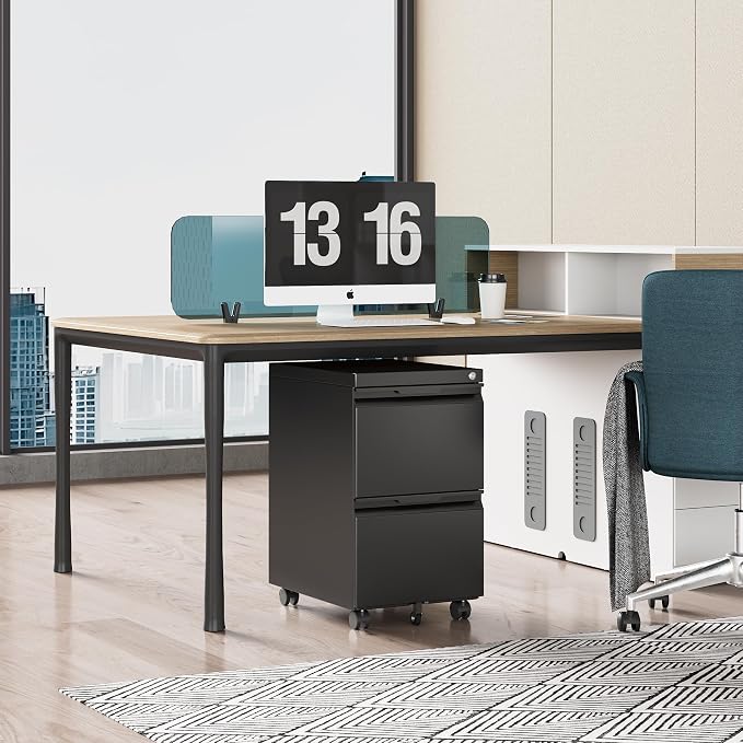 2 Drawer File Cabinet with Lock,Under Desk Storage Metal Filing Cabinet for Legal/Letter/A4 File,Mobile Rolling for Home Office -Black