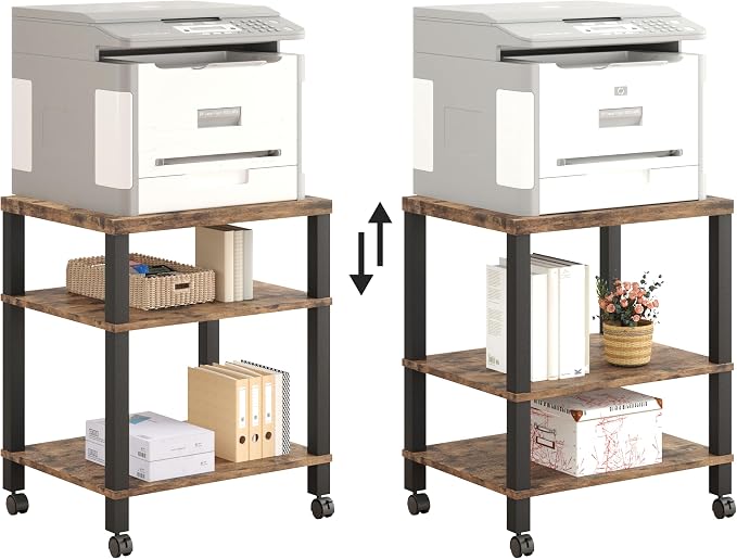 3-Tier Printer Stand with Wheels, Large Under Desk Rolling Cart for Office Storage, Heavy Duty Machine Stand with Adjustable Shelf, 22.04"x17.71"x26.54", Rustic Brown