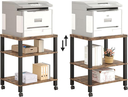 3-Tier Printer Stand with Wheels, Large Under Desk Rolling Cart for Office Storage, Heavy Duty Machine Stand with Adjustable Shelf, 22.04"x17.71"x26.54", Rustic Brown
