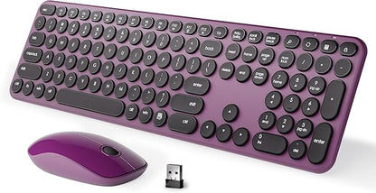 MPTOG Wireless Keyboard and Mouse Combo, Retro Round Typewriter Keys, 2.4G Silent Connection with Number Pad, Ergonomic Aesthetic Desk Set for Home Office, Laptop, PC, Mac (Black Wine Red)