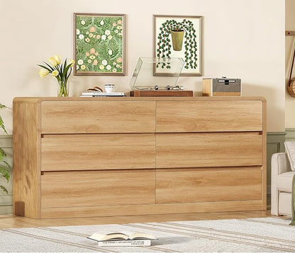 TEENFON 55" Dresser for Bedroom with 6 Drawers, Dressers & Chests of Drawers with Curved Profile Design, 6 Drawer Dresser, Bedroom Dressers, Wood Dressers for Bedroom, Hallway, Natural