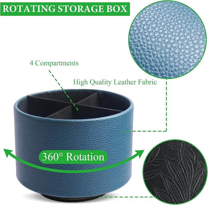 Round Leather Art Supply Organizer,Remote Control Holder,360 Degree Spinning,Multi-Functional Pencil Holder,4 Compartments Desktop Stationary Organizer(1-Lichee Green)