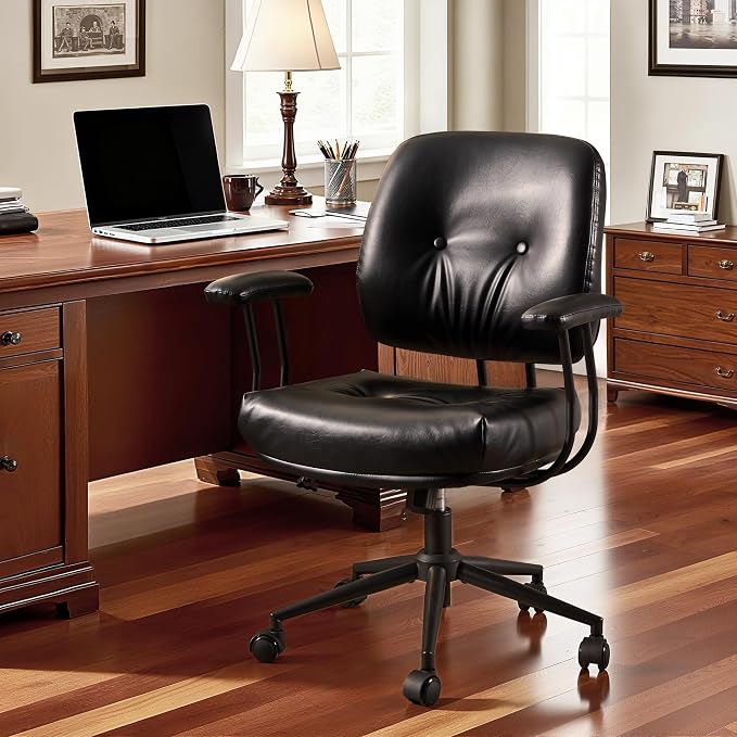 Leather Home Office Chair, Mid Back Ergonomic Desk Chair with Lumbar Support, Mid Century Modern Deep Seat Swivel Rocking Computer Chair, Black