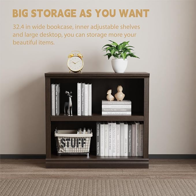 blini 2-Shelf Bookcase Wooden Bookshelves 33in Wide Floor Standing Display Storage Shelves Oak Bookcase for Home Office, Living Room, Bed Room
