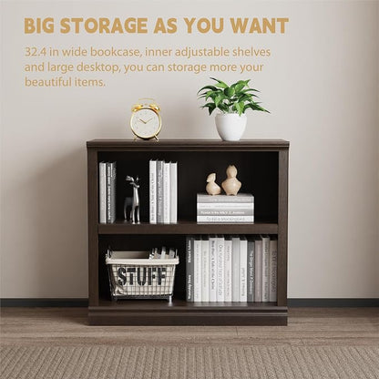 blini Bookshelf and Bookcase Set of 2, Cherry Wood Double Wide Large Bookshelves 2 Tier Wooden Bookshelf with Storage Cabinets for Living Room, Home Office, Library (Cherry Wood, 2 - Shelf)