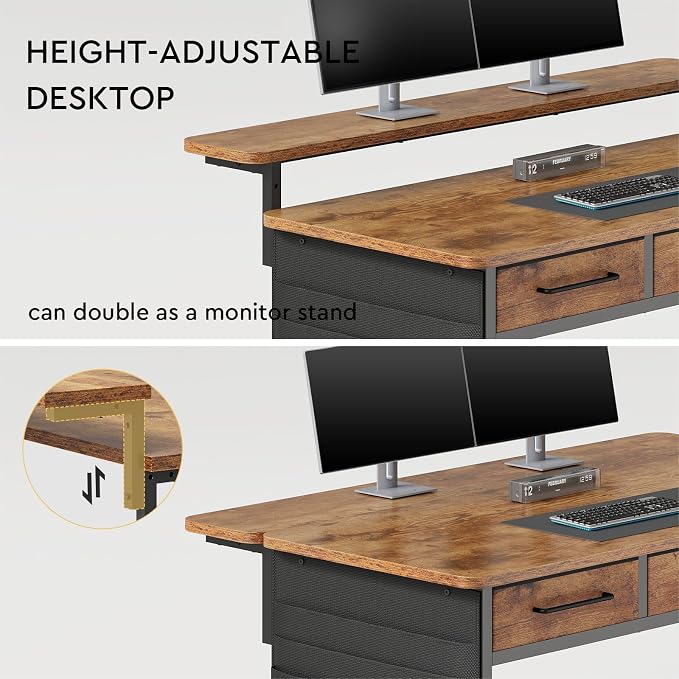 Maihail Small Desk with Drawers, 31.5X15.8-22.9 Inches Office Computer Desk with Side Pocket & Ergonomic Monitor Stand, Writing Table for Small Spaces, Bedroom, Kids Desk, Vanity Desk, Rustic Brown