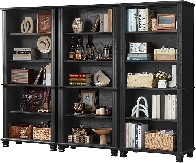 SAVOR LIFE 70" Tall Black Bookshelf,5 Tier Wooden Book Shelf with Adjustable Shelves & Wood Legs,Free Standing Farmhouse Bookcase with Open Display Storage,Vintage Bookshelves for Living Room, 3PCS